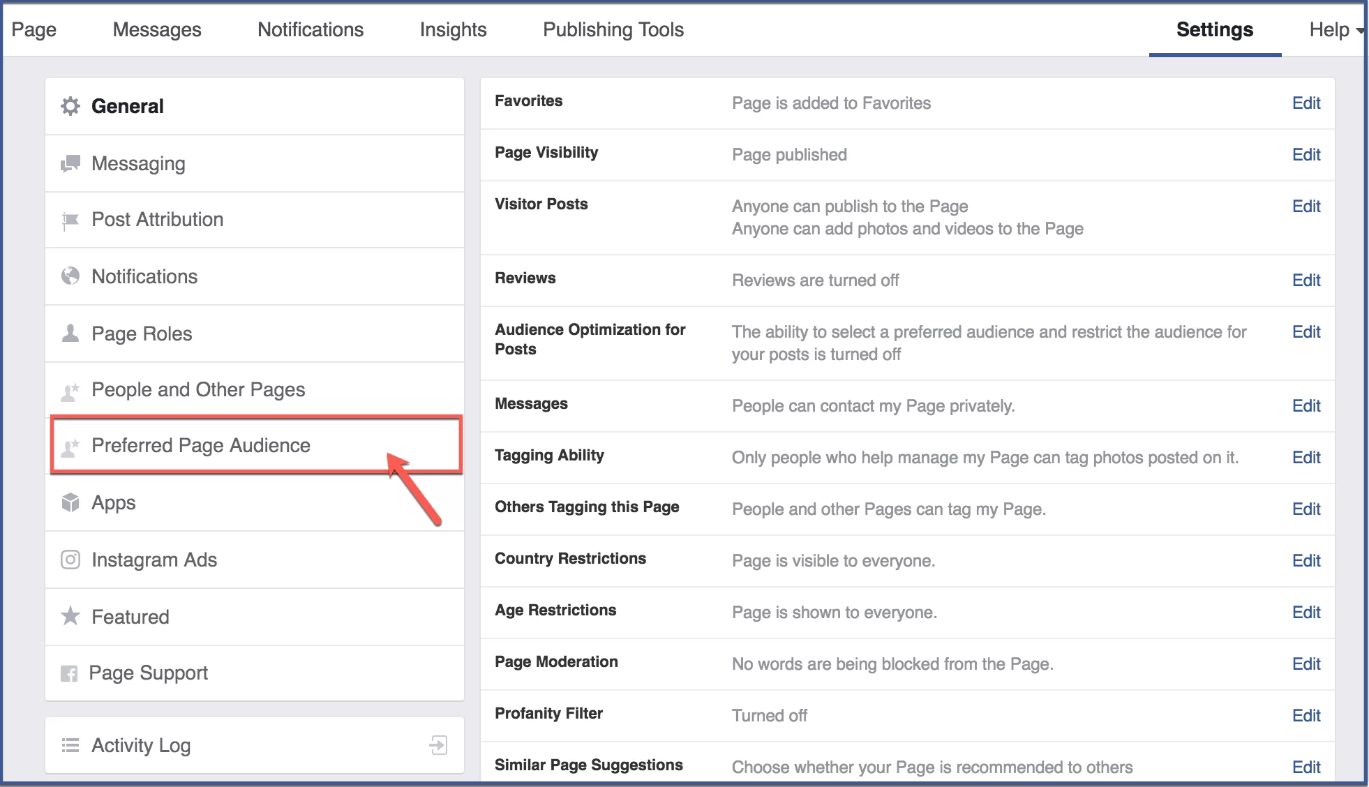 How to change audience on Facebook business page