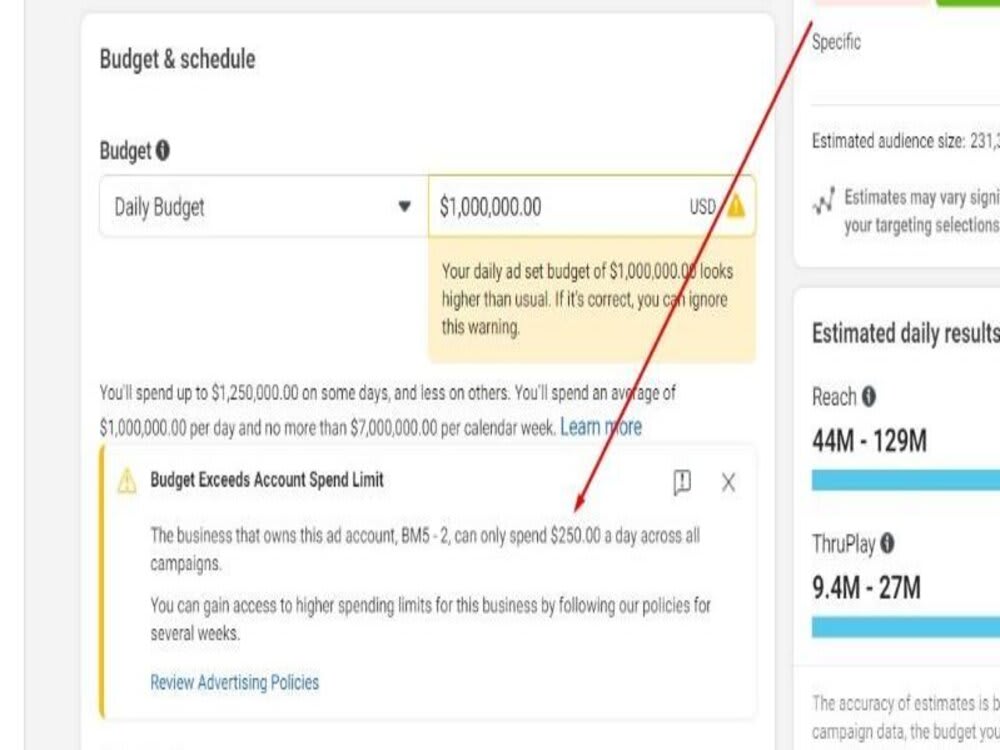 Facebook new ad account spending limit