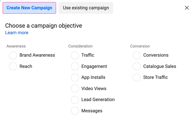 Types of Facebook campaign goals