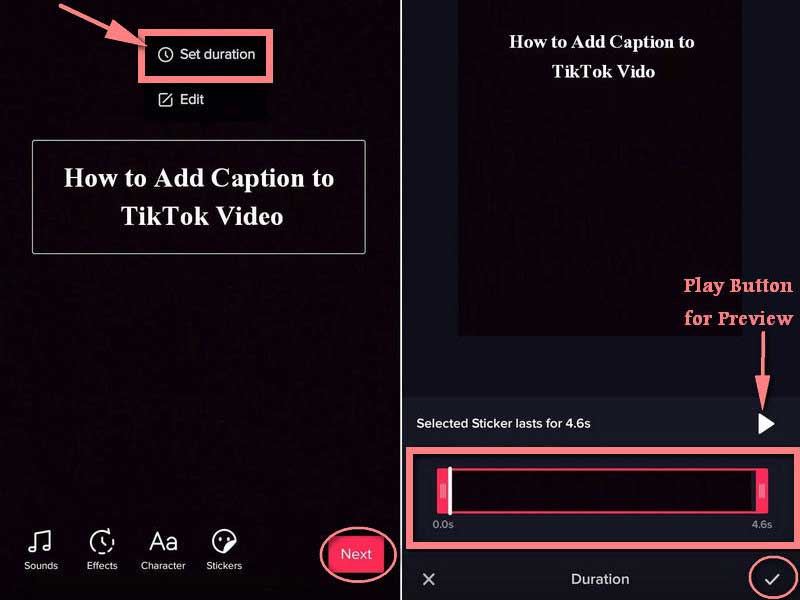 How to set duration on TikTok text