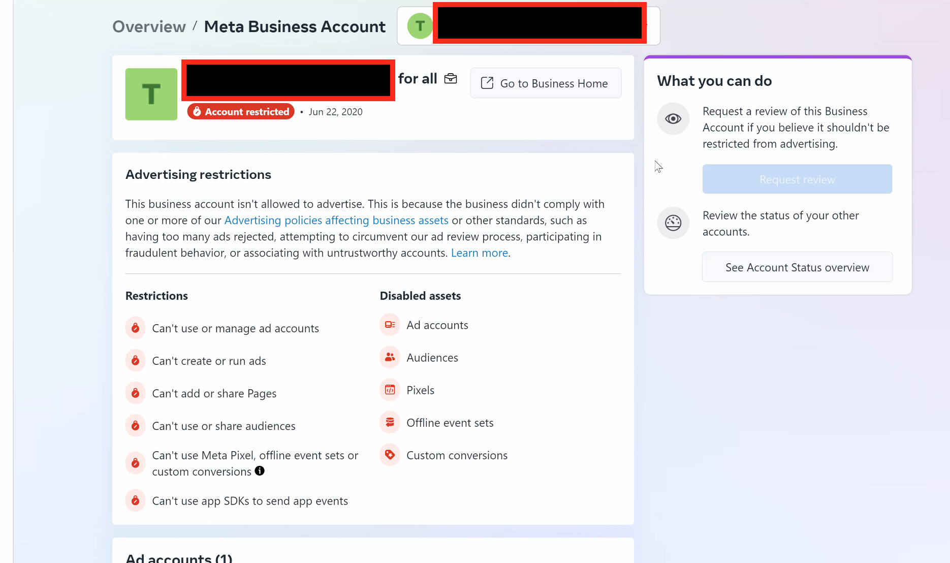 Business account not allowed to advertise Meta