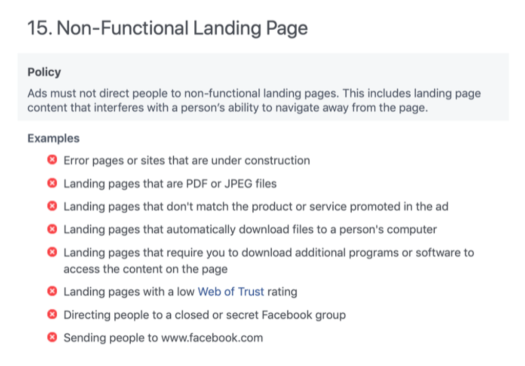 Facebook landing page policy