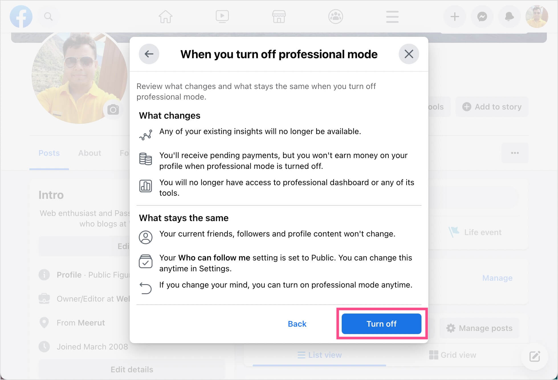 When to turn off professional mode on Facebook Pages?